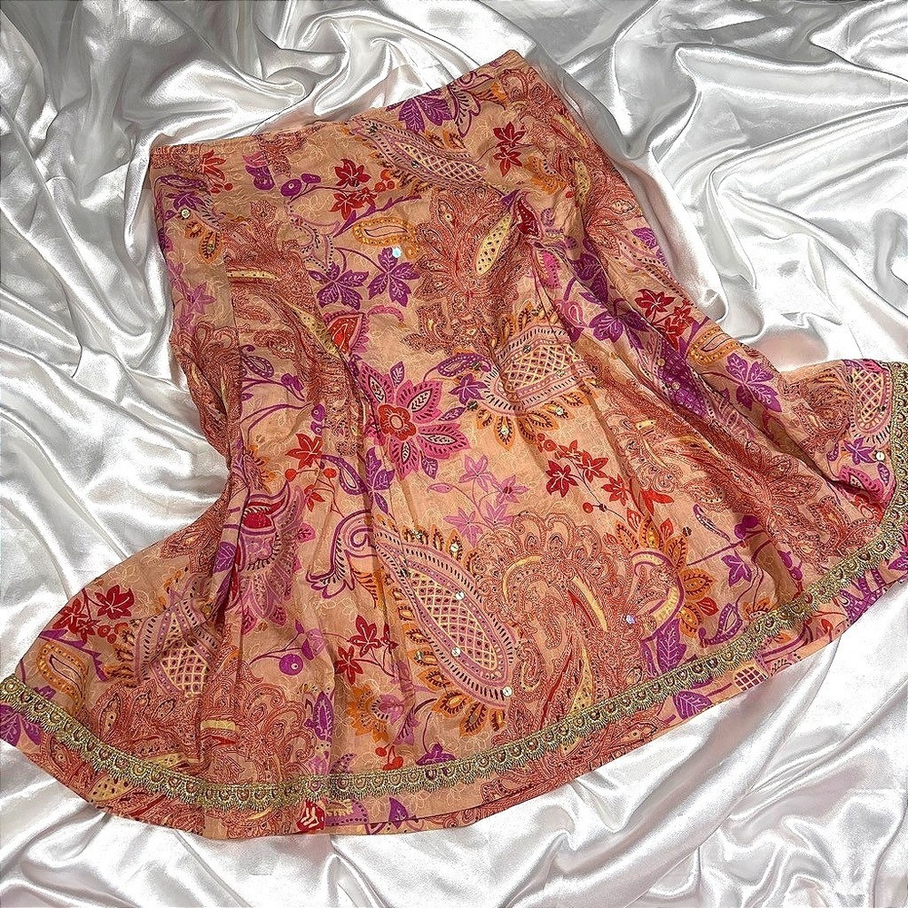 y2k Express Paisley Mini Skirt Peach Sequin Gold Lace Trim Boho 4